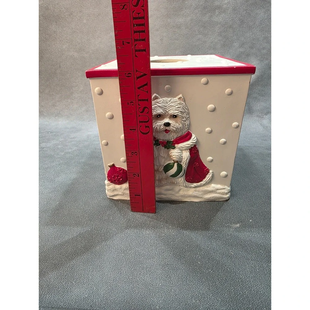 Vintage Westie Dog Christmas Ceramic Tissue Box Cover White Red Holiday Decor